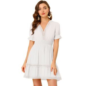 Boho Crochet Trim Puff Sleeve V Neck Smock Waist Ruffle Tier Dress White